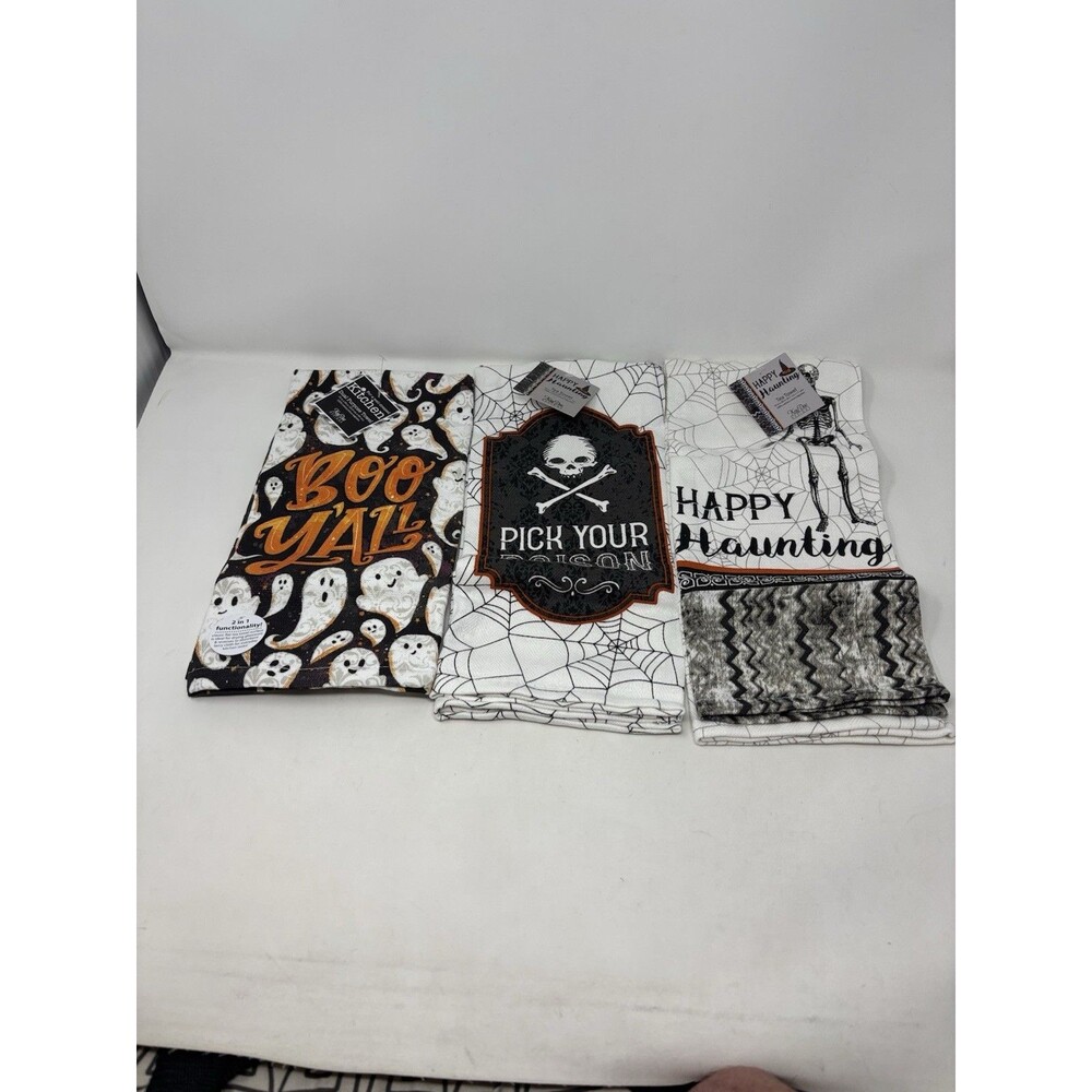 Kay Dee Designs Halloween Kitchen Towels Set Of 3 Ghost Skull Skeleton NWT